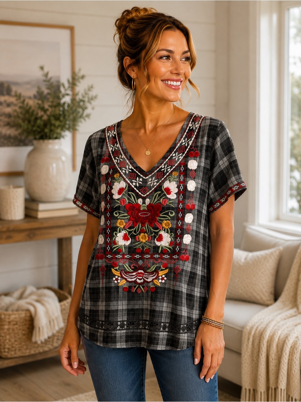 Avani Del Amour L Gray Plaid Embroidered Floral Boho Tunic Blouse Top